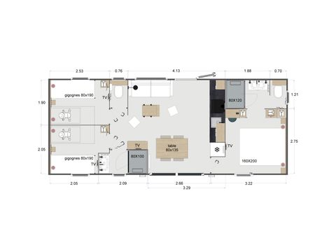 Mobilhome 1/6 personnes - Crecy : - KING - 3 chambres - 2 salles de bain - 1 TV - AVEC CLIMATISEUR - DRAPS ET SERVIETTES INCLUS