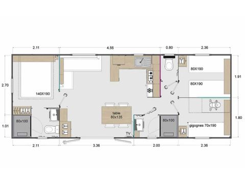 MOBILHOME 6 personnes - Cottage des Familles 3 CH - 2 SDB - 6 PERS 38 m² - TV + CLIM + LV + DRAPS (inclus à la location à la semaine)