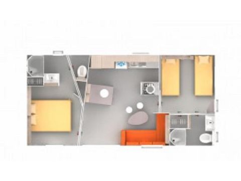Mobilhome 4 personnes - Mobilhome Premium 40 m² (2 chambres, 2 salles de bain) avec terrasse couverte + TV + LV