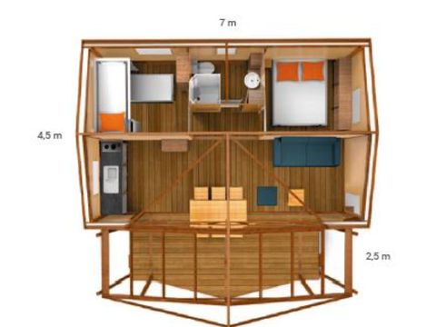 TENTE TOILE ET BOIS 5 personnes - Ecolodge Cotton Confort 32 m² - 2 chambres - terrasse couverte de 11m² + TV 5 pers