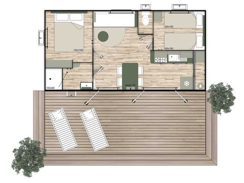 MOBILHOME 5 personnes - HomeFlower Premium 29m² - 2 chambres + Terrasse semi-couverte + TV + LV 5 pers