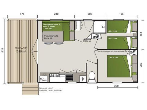 MOBILHOME 6 personnes - MH2 Premium + terrasse 8 m², avec sanitaires