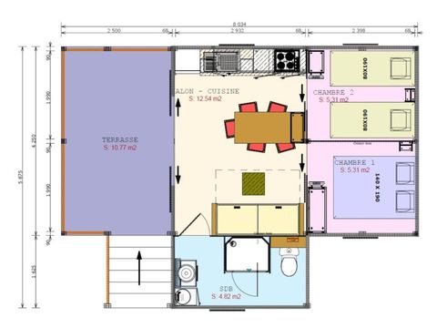 Hébergement 5 personnes - Cosyflower Premium 38m² (2 chambres) + TV + lave-vaisselle + draps + serviettes + terrasse couverte | 4/5 personnes