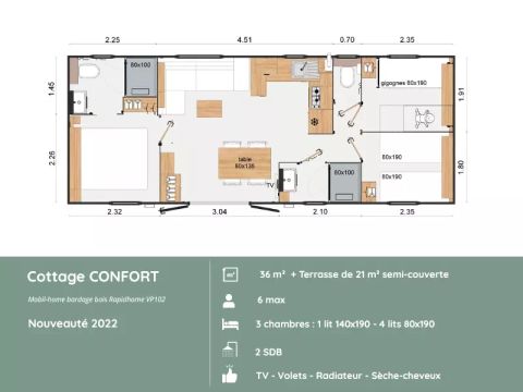 Mobilhome 6 personnes - Cottage - CONFORT – - 3 chambres - 2 salles de bains