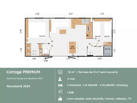 Mobilhome 4 personnes - Cottage - PREMIUM – - 2 chambres