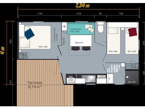 MOBILHOME 4 personnes - Confort 22m² 2 chambres + terrasse semi-couverte sur pilotis