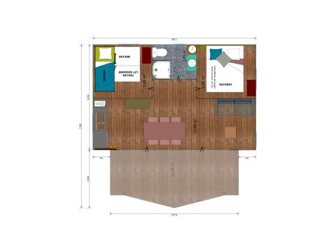 Tente en toile et en bois 4 personnes - Cabane Cotton Confort 32m² - 2chambres + Terrasse couverte + Quartier piéton 4 pers