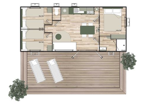 Mobilhome 7 personnes - 35m² Premium - 3 chambres - Terrasse - Lave-vaisselle - TV - Clim