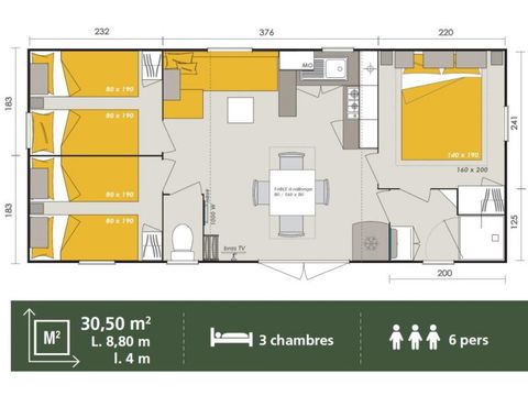 MOBILHOME 7 personnes - Homeflower Premium 30m² - 3 chambres
