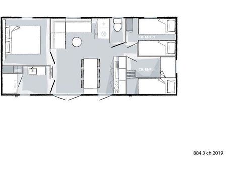 MOBILHOME 6 personnes - Mobil-home LAURIER ROSE Premium (3 chambres) 33m2 - terrasse couverte 19m2+ LV + TV + Climatisation 1/7 pers