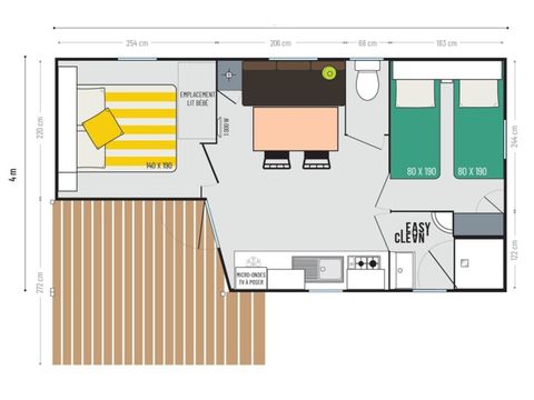 MOBILHOME 4 personnes - Cottage 2 chambres - 22 m² - 4 personnes (2 adultes max) - Animaux non acceptés.  Terrasse 7 m² 