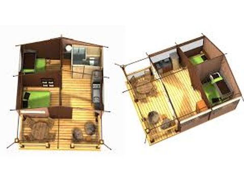 Tente en toile et en bois 5 personnes - Tente Lodge Victoria 30 m² avec salle de bain - terrasse couverte 5 pers